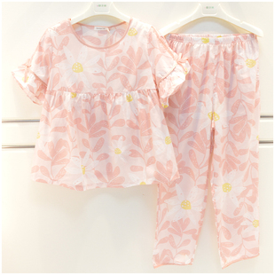 精雅睡衣女士2025夏季新款梭织薄棉印花短袖长裤时尚休闲女家居服