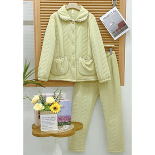 安杜拉女士睡衣2025冬季轻羽绒棉三层夹棉麻花格娃娃领甜美家居服