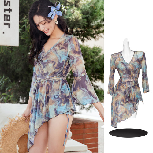 V领长袖印花显瘦比基尼3件套