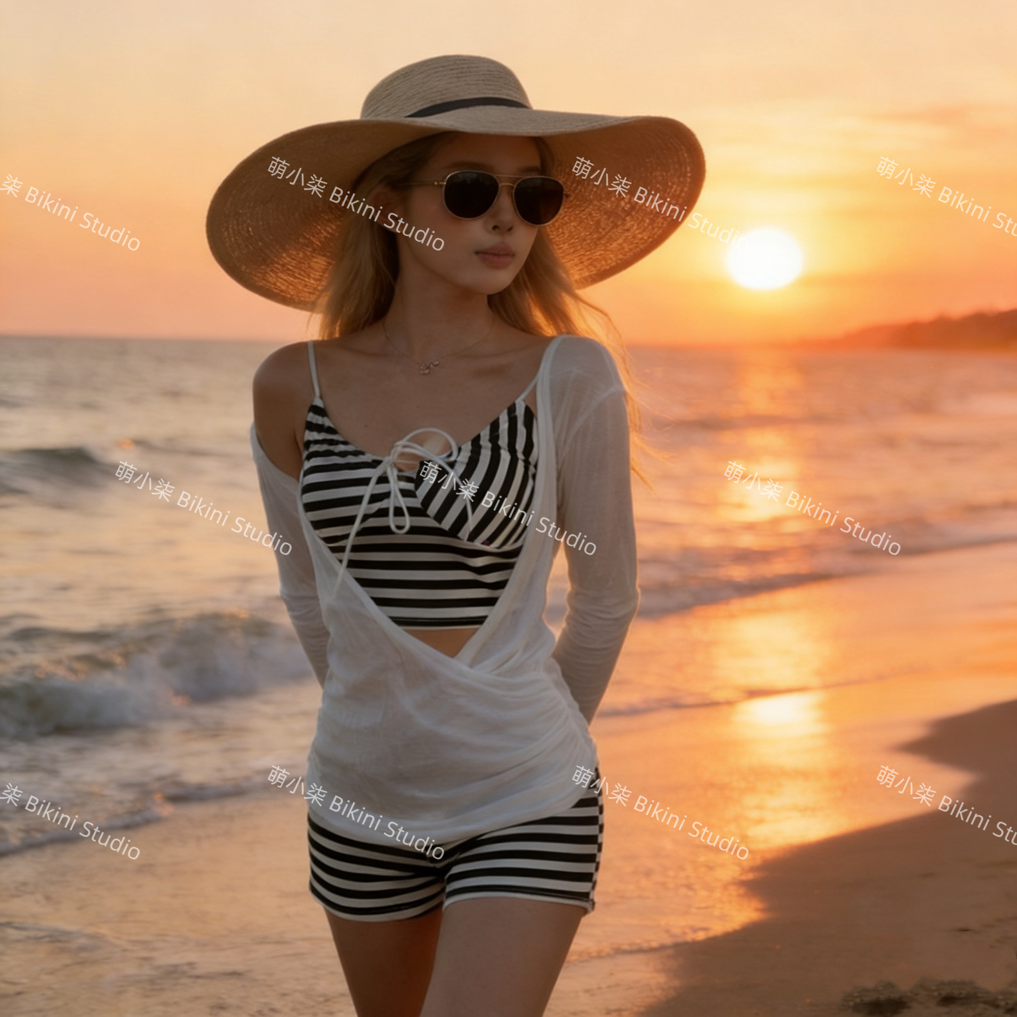 防晒罩衫比基尼三件套女分体显瘦遮肚小胸聚拢游泳衣条纹分体泳衣