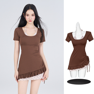 显瘦少女风套装 萌小柒假两件分体泳衣女温泉度假短袖 荷叶边修身