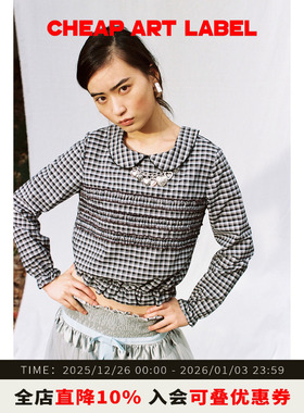 cheap art label褶皱经典复古格纹娃娃领衬衫花边收腰上衣女25冬