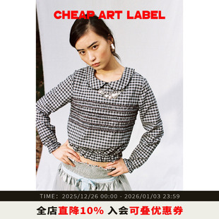 复古格纹娃娃领衬衫 label褶皱经典 花边收腰上衣女25冬 art cheap