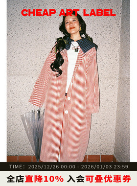 cheap art label 可爱红格子廓形夹棉腰带帅气长风衣外套女25新款