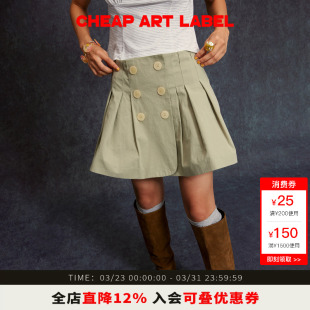 新款 label卡其绿双排扣捏褶半身裙A字小短裙女2026春季 art cheap