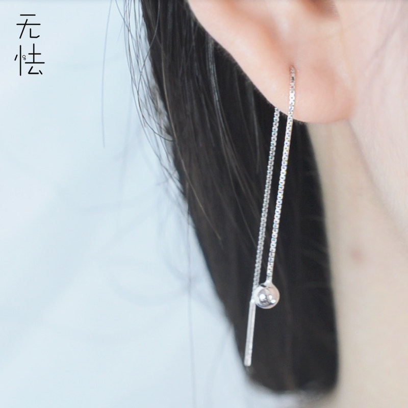 通体S925纯银防过敏豆豆短款耳钉Chic长耳环极简女气质日韩长耳线
