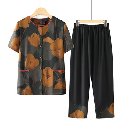 夏装雪纺T恤60-70岁奶奶套装