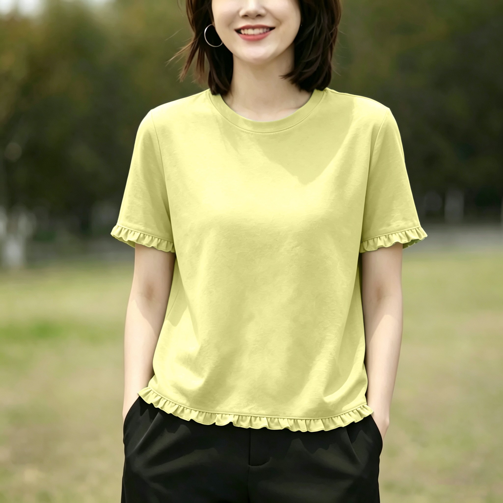 棉质木耳边圆领短袖 T 恤女夏季纯色宽松百搭通勤遮肉气质上衣
