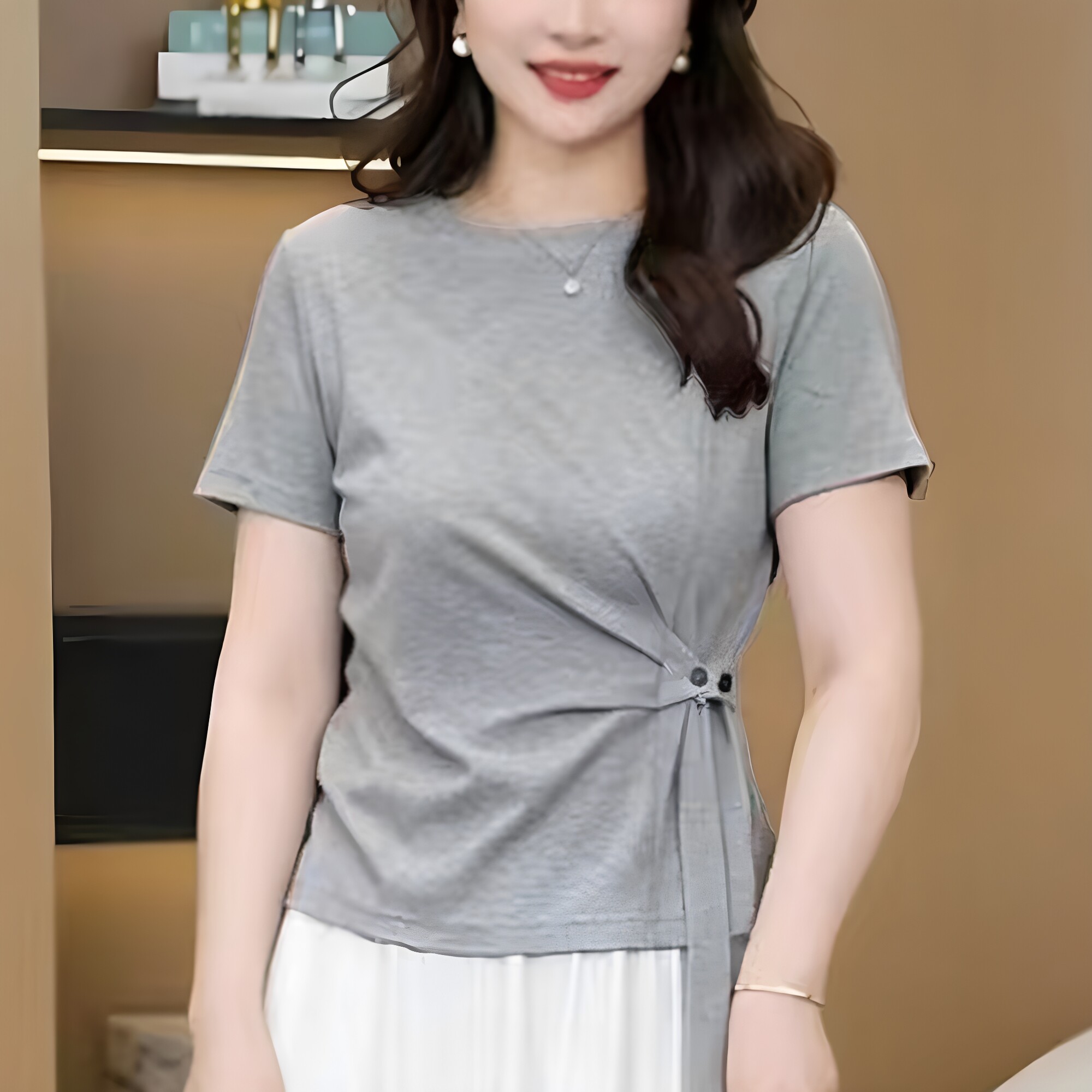 夏季新款纯棉圆领短袖 T 恤女侧边扭结绑带收腰显瘦遮肉气质上衣