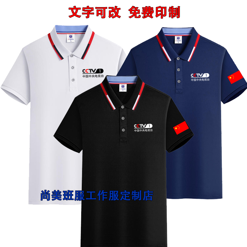 CCTV1 6 2 3展播合作翻领短袖工作定制记者摄影采访T恤中文电视台