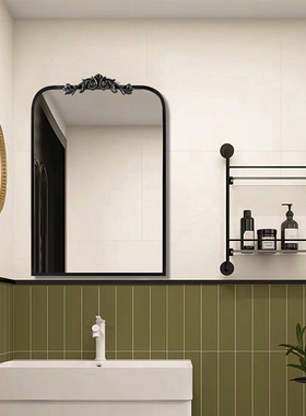 复古壁挂卫生间黑色卫浴镜异形简约雕花装饰镜现代智能LED化妆镜