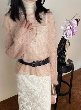 ASCRIPTION25春夏女士米色网纱堆堆领T恤内搭薄款洋气蕾丝上衣