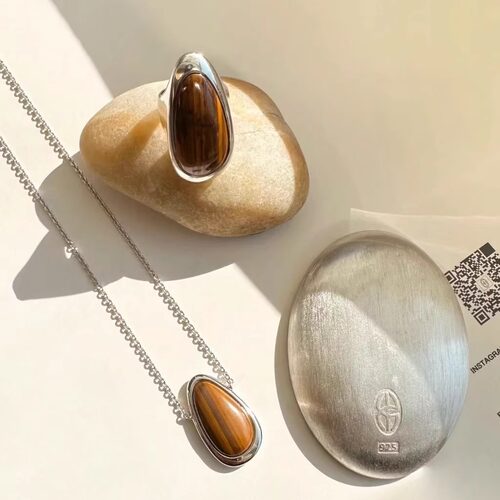 设计师品牌KHEMIA新款长款纯银立体水滴形木石纹拼接项链毛衣链