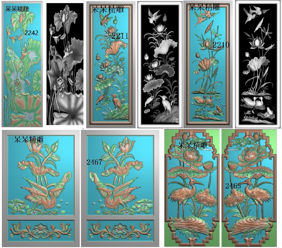 荷花花鸟墓碑耳朵碑板边板精雕图石雕石材电脑雕刻图浮雕图灰度图