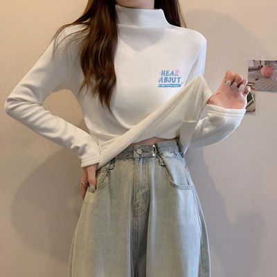 爆款半高领德绒打底长袖内搭秋冬季洋气新款女款印花保暖t恤上衣