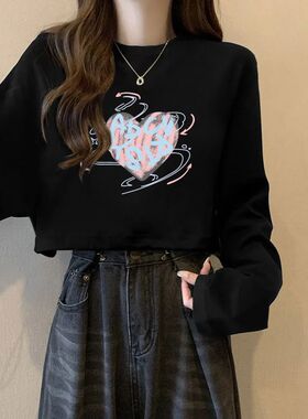 早秋季黑色打底衫女士内搭别致宽松圆领长袖t恤短款上衣ins慵懒风