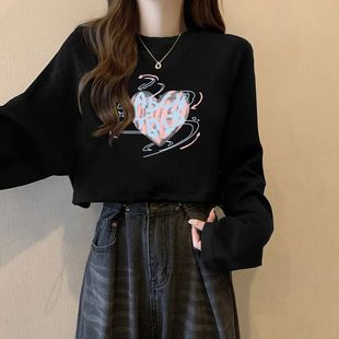 早秋季黑色打底衫女士内搭别致宽松圆领长袖t恤短款上衣ins慵懒风