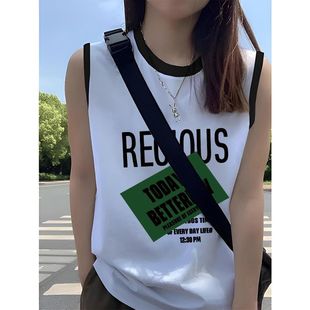 纯棉夏季 上衣爆个背心女 潮牌个性 高级感ins拼接撞色坎肩t恤女无袖