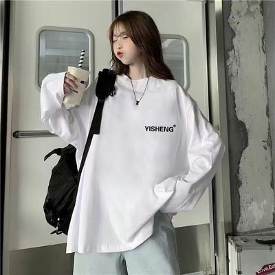 春秋新款白色纯棉长袖T恤女学生韩版宽松ins慵懒休闲圆领简约上衣