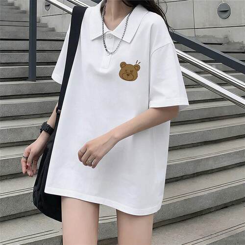 2026夏日韩版轻奢印花白色POLO领短袖T恤女装宽松显瘦小众ins上衣