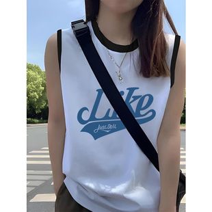 外穿坎肩背心t恤女ins风中长款 纯棉简约气质小众拼接撞色无袖 上衣