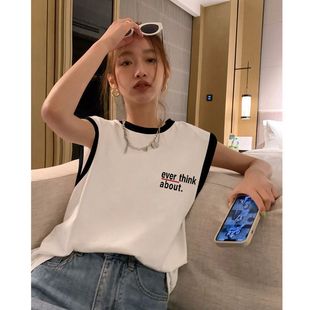 设计感撞色宽松背心印花t恤女夏季 重磅100%纯棉百搭无袖 上衣ins风