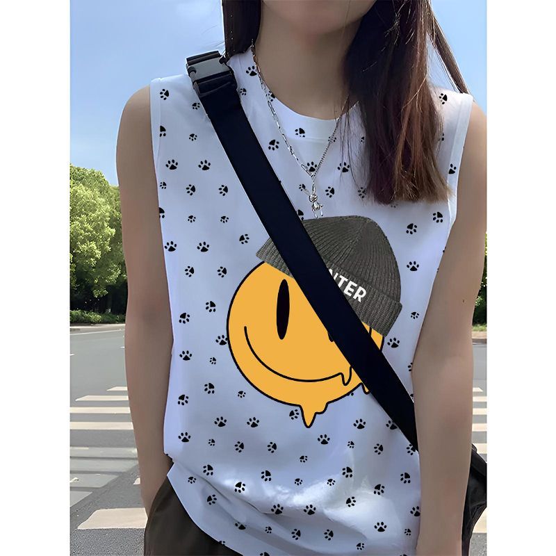 甜美高级感白色纯棉背心上衣女款新款宽松通勤无袖坎肩T恤中长款