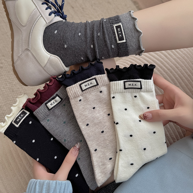 袜子女中筒秋冬款波点花边堆堆袜