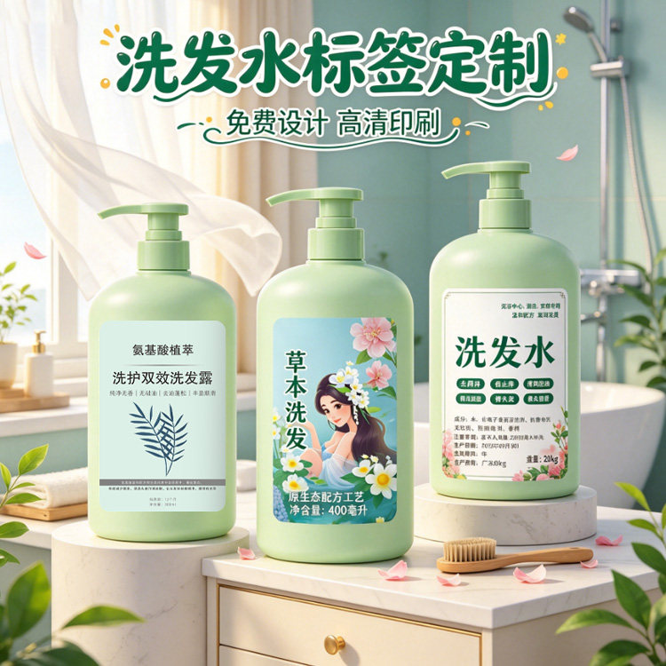 去屑洗发水包装贴纸定制中药育发液不干胶贴发膜精华沐浴露标签贴