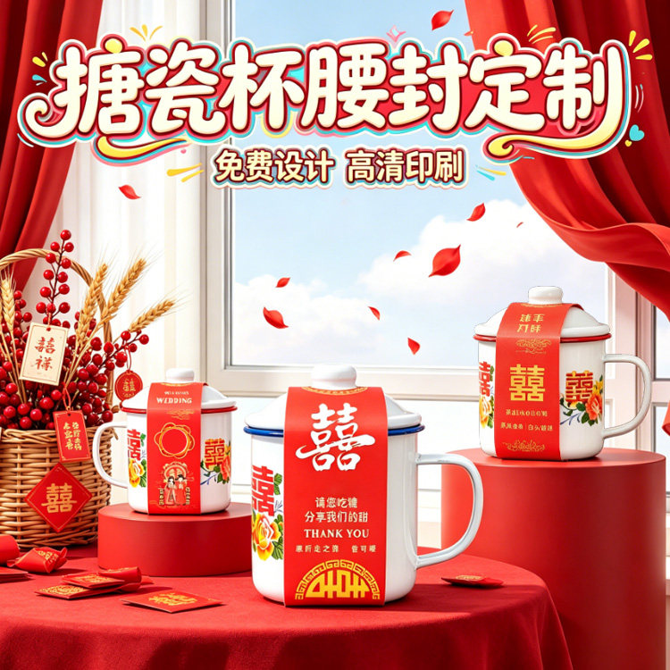 搪瓷杯腰封定制喜糖盒手提卡套设计婚被围标毛巾伴手礼卡纸卡片