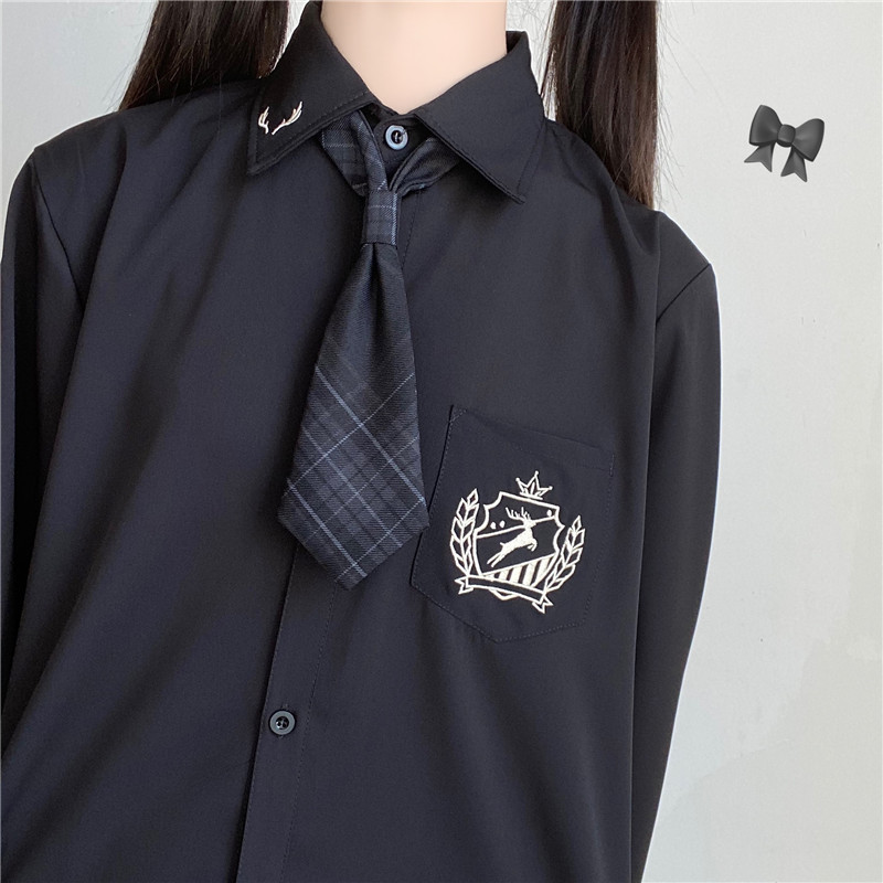 闪妹家迷鹿原创jk制服衬衫短袖女刺绣黑白色衬衣上衣夏秋款dk百搭