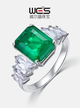跨境新款个性大方培育彩宝戒指S925银镶培育绿宝彩钻欧美轻奢百