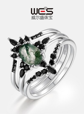 亚马逊跨境热采轻奢时尚几何三件套戒指S925银镶水草玛瑙组合
