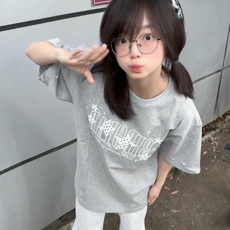 2025新款纯棉灰色字母刺绣短袖T恤女夏季美式街头宽松上衣ins潮牌