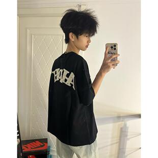 夏季 t恤男装 宽松重磅纯棉黑色高端上衣 街头潮牌字母刺绣短袖 美式