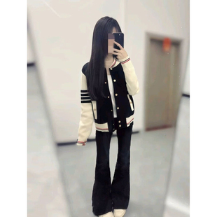 社会女套装快手网红同款小狗撞色条纹针织开衫棒球服外套+喇叭裤