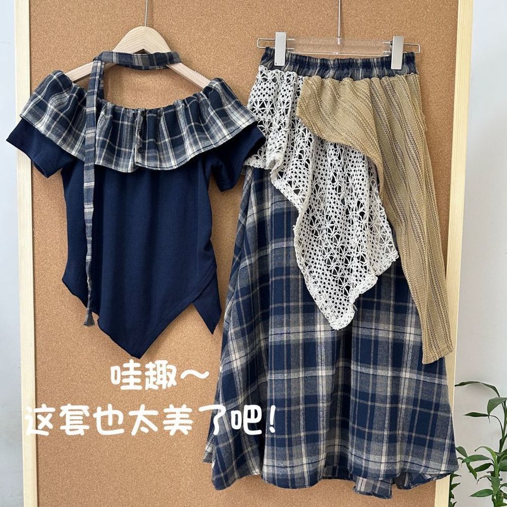 波西米亚复古一字肩格子短袖套装女学生夏季新款遮肉半身裙两件套