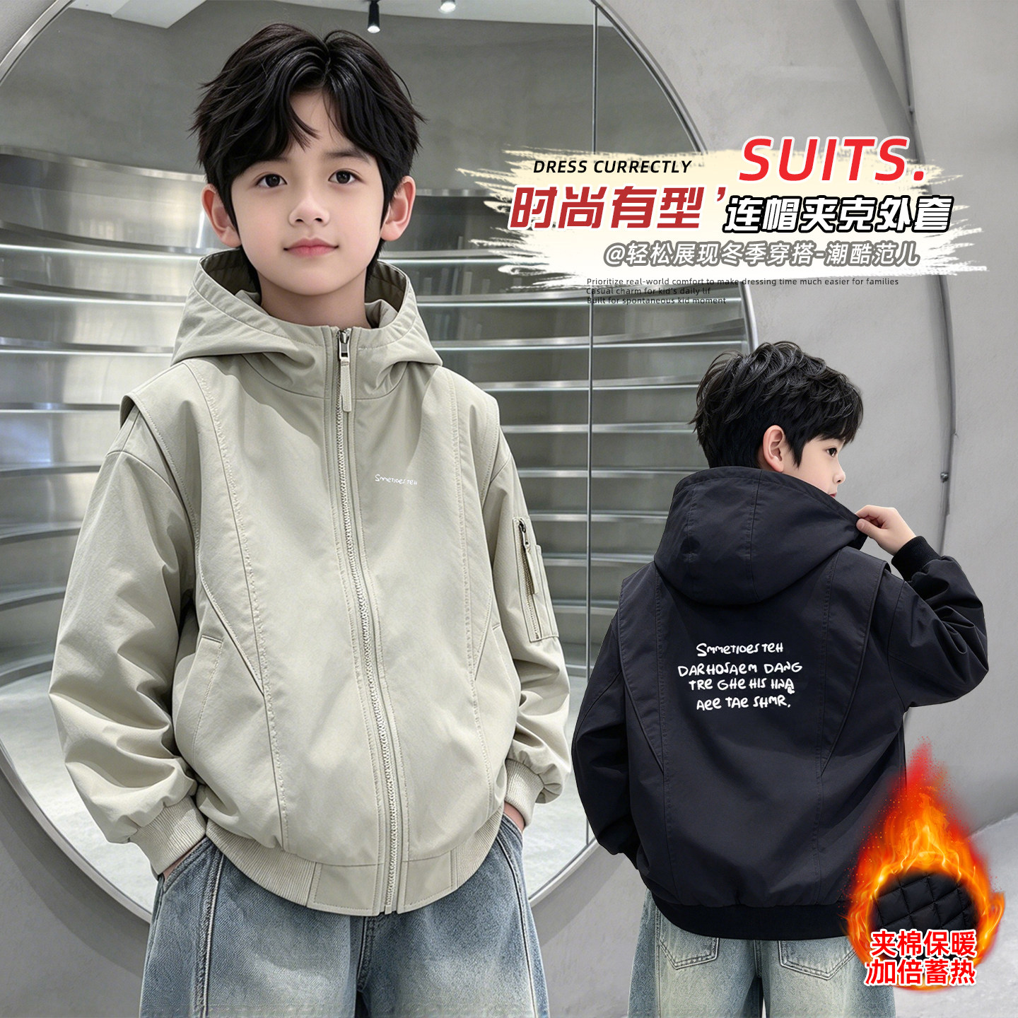 男童连帽棉服秋冬加厚中大童户外休闲风外套潮中大童加绒二棉上衣