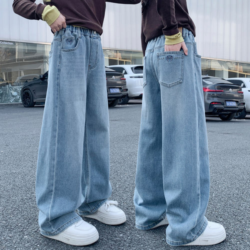 女童浅色牛仔阔腿裤宽松显瘦