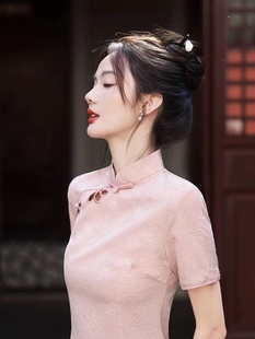 新中式 优雅连衣裙子 复古国风旗袍年轻粉色少女改良小个子修身 短款