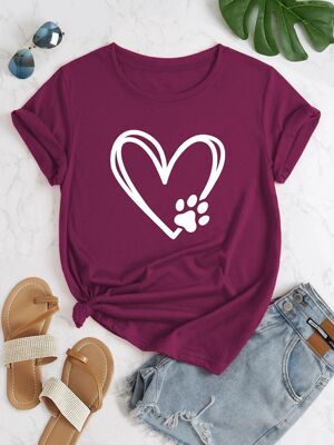Love Dog Footprints Print Crew Neck T-shirt, Casual Loose Sh