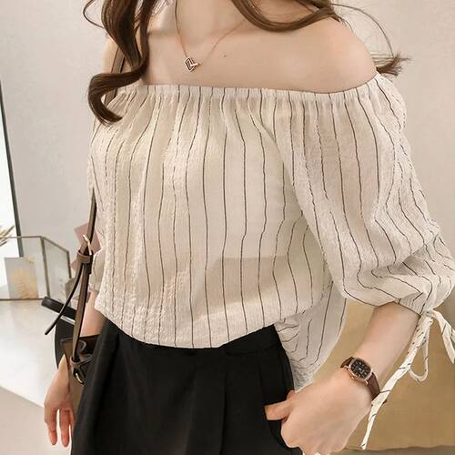 Sweet Slash Neck Ladies Blouses Striped Print Women Blouses