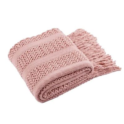 Pink Knitted Throw Blankets with Tassels Jacquard Textured B