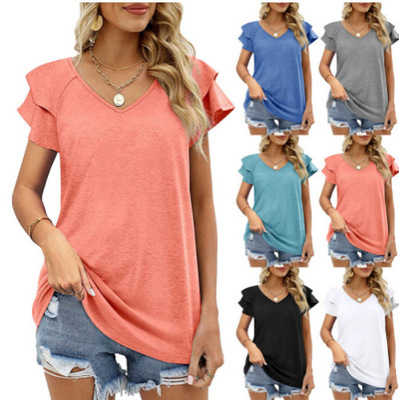 2024 Women's Top V-neck Double-layer Lotus Leaf Short-sleeve