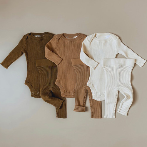 Autumn Baby Clothes Sets Newborn Boys Girls Solid Ribbed Lon