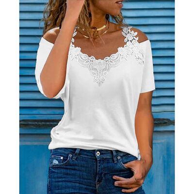 V-Neck Lace Short Sleeved T-shirt 2024 Summer Women Clothing