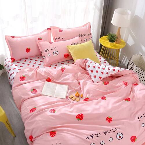 3/4pcs Bedding Set Pink Strawberry Fashion Bed Sheets Queen