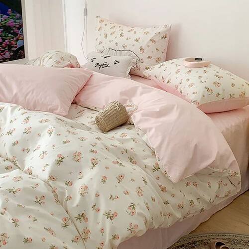 Pink Floral Bedding Set Soft Ins Single Double Queen Size Du