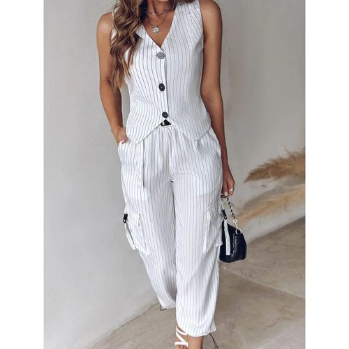 Fashion Casual Striped Printed Vest Suit For Women New Summe