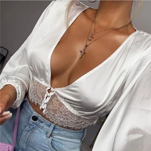 Women Blouses for Spring Autumn Sexy Hollow Mesh Sheer See-t